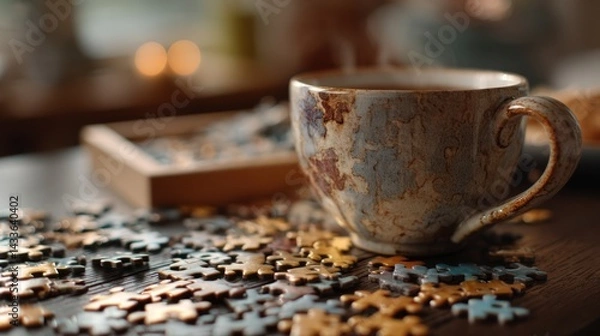 Obraz Cozy Morning Scene with a Cup of Coffee Surrounded by Colorful Jigsaw Puzzle Pieces on a Wooden Table with Soft Natural Light in the Background