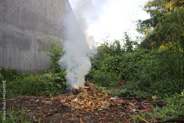 Fototapeta Pile of trash is burning in a yard. The smoke is rising into the air. The scene is messy and unkempt