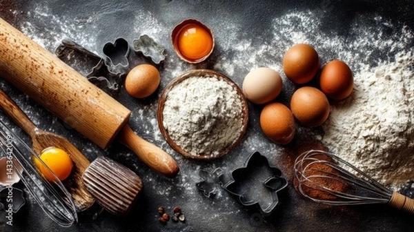 Obraz Top view of baking ingredients and tools on dark background. Flour, eggs, rolling pin, cookie cutters.