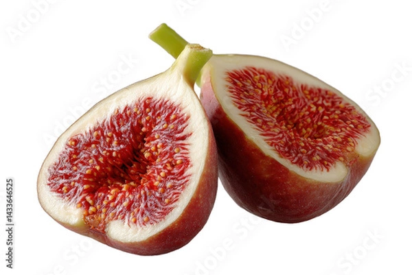 Fototapeta Halved Fig Showing Inner Red Texture and Seeds on White Background