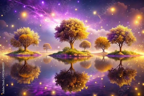 Fototapeta Lavender to gold with floating islands magical trees and spark trails
