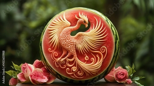 Fototapeta A beautiful swan-shaped carving made from a watermelon, gracefully displayed.