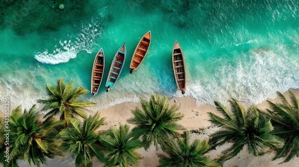 Obraz Aerial view of four wooden boats on a tropical beach with turquoise water and palm trees.