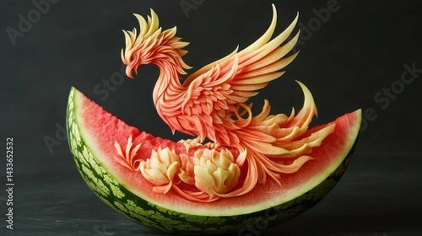 Fototapeta A beautiful swan-shaped carving made from a watermelon, gracefully displayed.