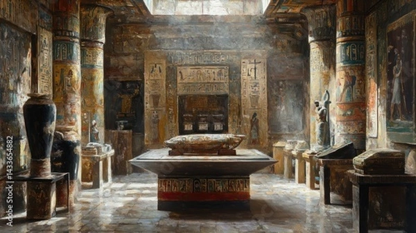 Fototapeta A sunbeam illuminates a sarcophagus in a tomb chamber decorated with hieroglyphs and ancient statues.