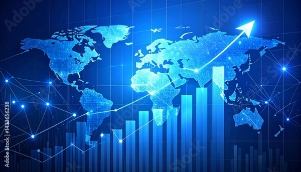 Obraz High-Tech Global Business Growth Chart with Blue World Map and Data Visualization Elements