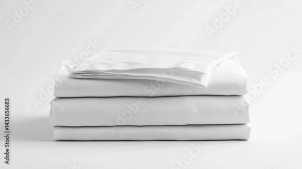 Fototapeta Neatly Stacked Clean Bed Sheets on White Background