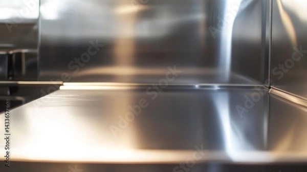 Fototapeta Closeup of a shiny stainless steel countertop with a corner reflection.