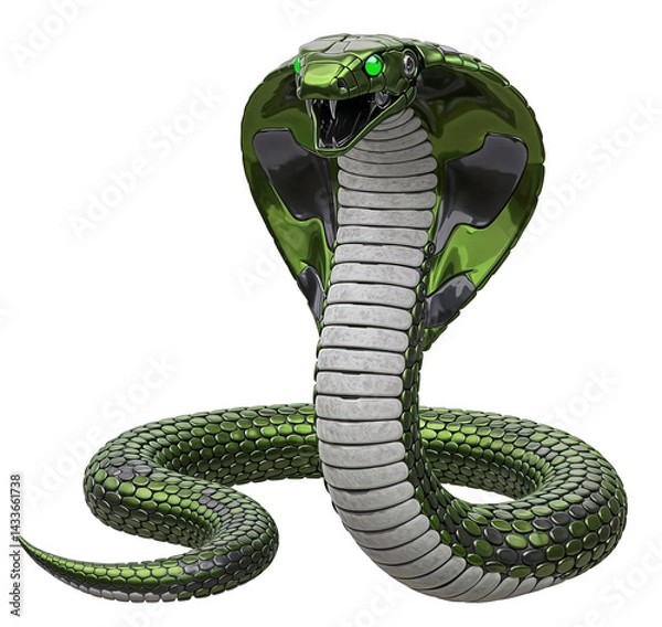 Fototapeta Futuristic robotic cobra with green metallic scales and glowing eyes, isolated on a transparent background