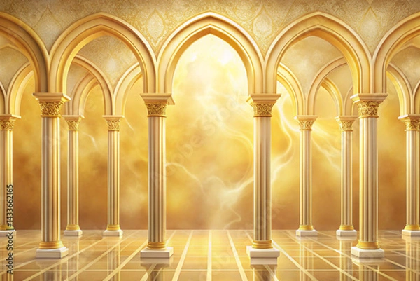 Fototapeta Pastel gold to cream with arches and columns outlined in neon brush strokes
