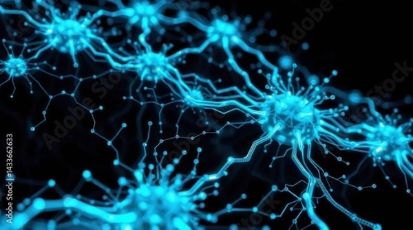 Fototapeta Glowing blue neuron cells with intricate connections against a dark background