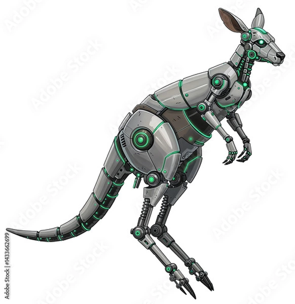 Fototapeta Futuristic robotic kangaroo with glowing green circuits and metallic tail, isolated on a transparent background