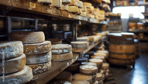 Fototapeta Entreposage de fromages rustiques dans une fromagerie