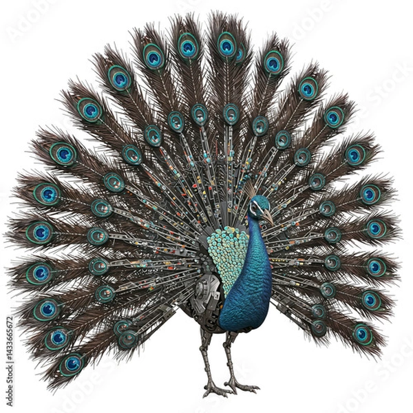 Fototapeta Futuristic robotic peacock with mechanical tail feathers and glowing blue eyes, isolated on a transparent background