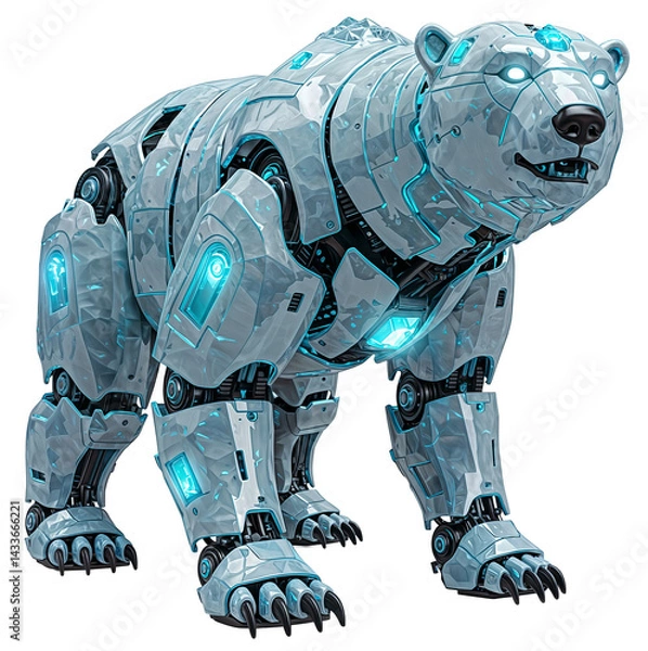 Fototapeta Futuristic robotic polar bear with icy armor and glowing blue energy panels, isolated on a transparent background