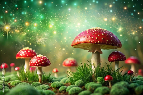 Fototapeta Pine green to mushroom red with fantasy mushrooms and sparkles
