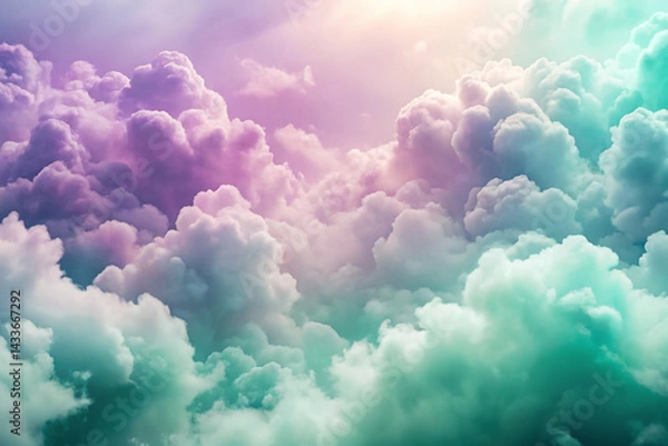 Fototapeta Plum to mint gradient with asymmetric puffy abstract clouds