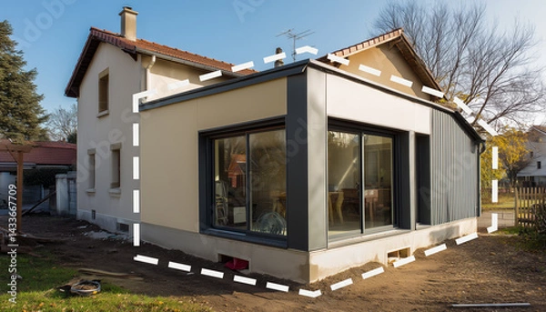 Obraz Projet de construction d'une extension avec agrandissement d'une maison ancienne existante