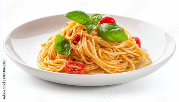 Obraz plat de spaghetti avec des feuilles de basilic