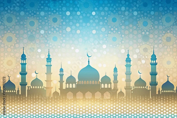 Fototapeta Sky blue to cream with abstract mosque silhouettes and dot accents