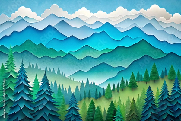 Fototapeta Sky blue to forest green with paper-cut style mountain shapes