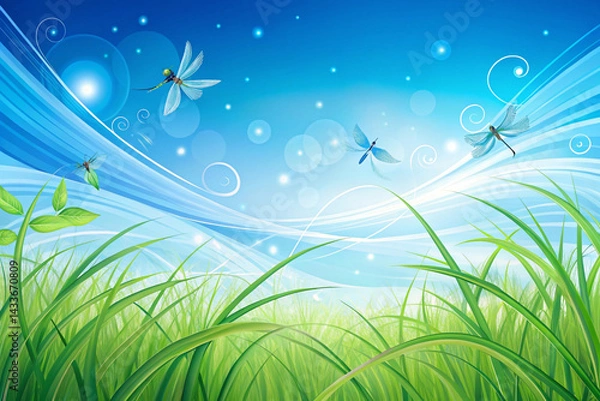 Fototapeta Sky blue to grass green with dragonflies and swirly wind currents