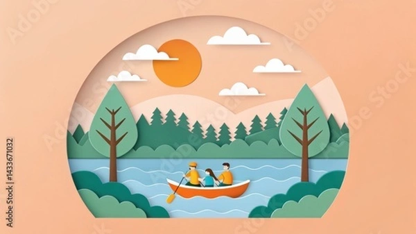 Obraz A colorful, paper-cut scene depicting two people kayaking on a serene lake surrounded by trees and mountains under a bright sun.