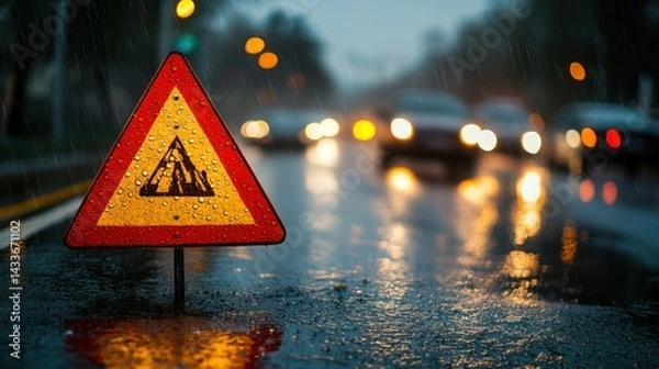 Fototapeta Slippery road sign stands alerting traffic to wet, hazardous conditions affecting driving visibility safety.