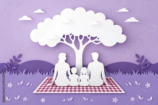 Obraz A serene family picnic scene with silhouettes sitting on a blanket under a tree, surrounded by playful clouds and a soft purple background.