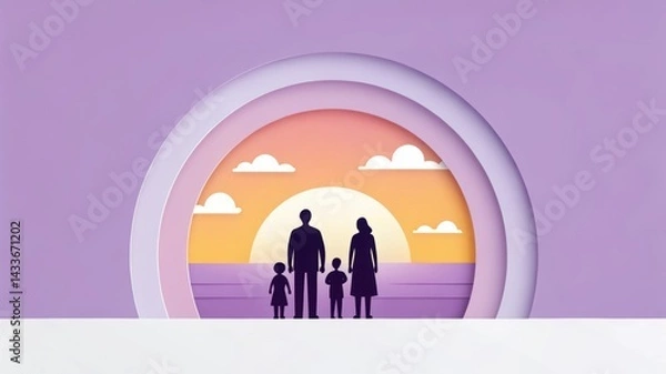 Obraz A silhouette of a family against a colorful sunset, symbolizing togetherness and warmth in a vibrant, artistic setting.