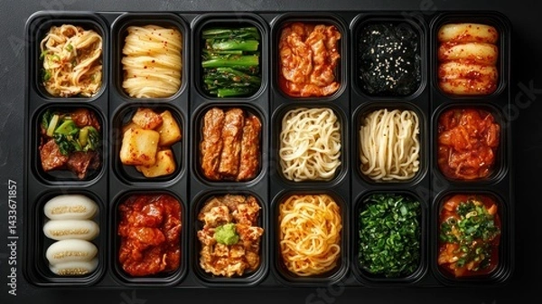 Fototapeta Korean banchan side dishes, neatly arranged in black container, present fresh assortment of colorful prepared foods.