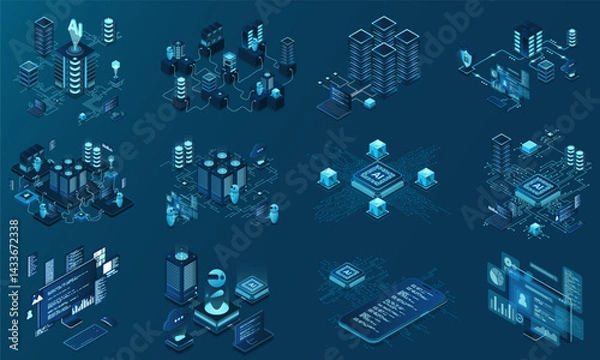 Fototapeta Set of isometric modern technology concept for cloud computing, datacenter, database, artificial intelligence, and blockchain technology. Isometric technology