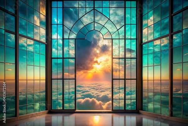 Fototapeta Sky teal to peach with minimalist stained glass window overlays