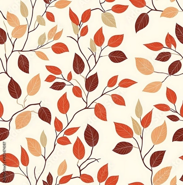 Fototapeta Autumn Leaves and vines seamless pattern, simple lines, neutral colors, cream background