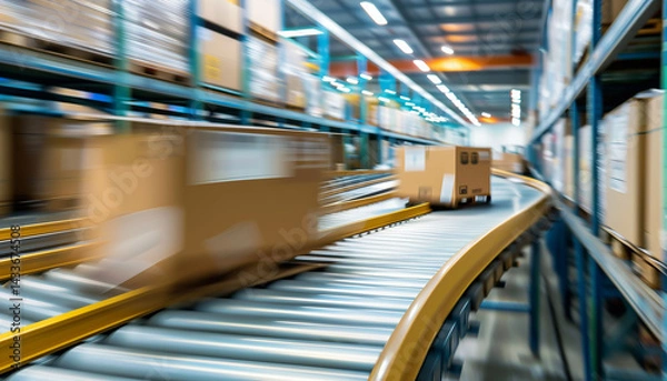 Obraz Concept entrepôt et plateforme logistique avec des colis et des cartons sur un tapis roulant