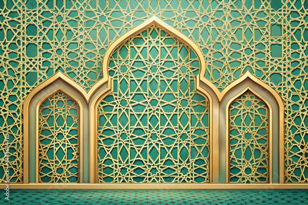 Fototapeta Soft gold to aqua with layered decorative Islamic gates and window motifs