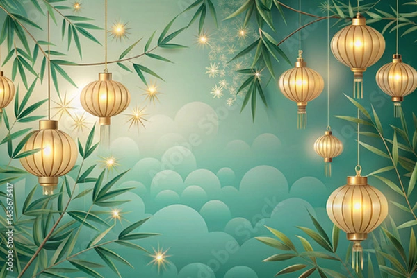 Fototapeta Soft gold to mint with floating lanterns and bamboo outlines