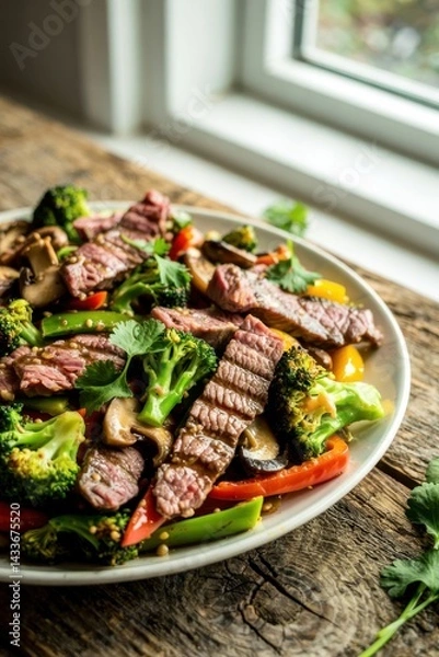 Fototapeta Fresh stir-fried beef and vegetable mix served on a rustic wooden table near a sunny window