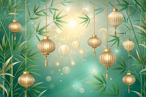 Fototapeta Soft gold to mint with floating lanterns and bamboo outlines