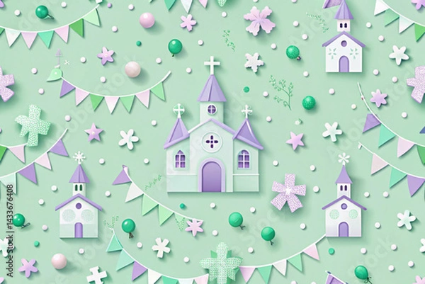 Fototapeta Soft mint to light lavender with joyful church icons and streamers