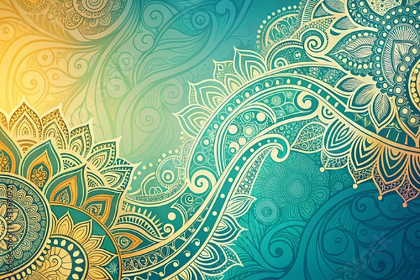 Fototapeta Teal to pale yellow with abstract henna-inspired curved lines