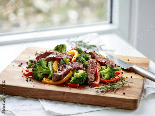 Fototapeta Colorful stir-fried beef and vegetables served on a wooden cutting board by a sunny window