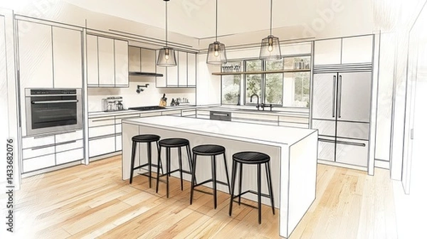 Fototapeta A modern kitchen design sketch with white cabinets, a large island with bar stools, and hardwood floors.