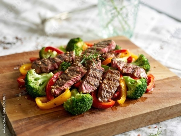 Fototapeta Grilled steak with colorful vegetables on a wooden cutting board in a rustic kitchen setting