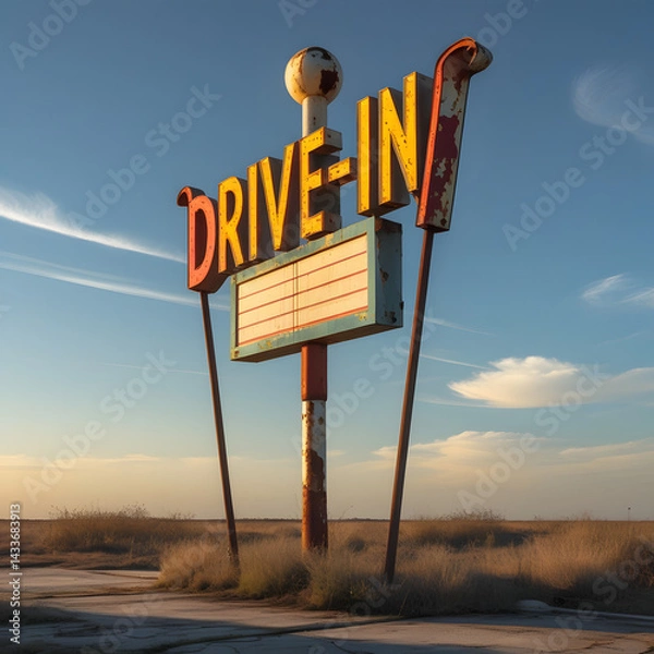 Fototapeta Drive-in Sign at Sunset: An old, weather-beaten drive-in sign stands majestically against a picturesque sunset sky, capturing the essence of nostalgia and timeless charm.