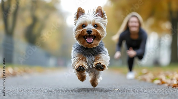 Obraz Yorkshire Terrier running towards camera on a paved path with blurred female figure and autumn leaves in background