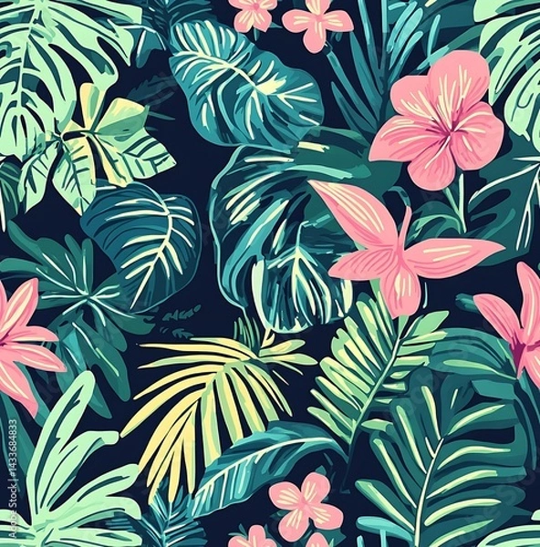 Fototapeta Tropical leaves and flowers seamless pattern in shades of pink, teal, navy blue, and white, with polka dots on a dark background