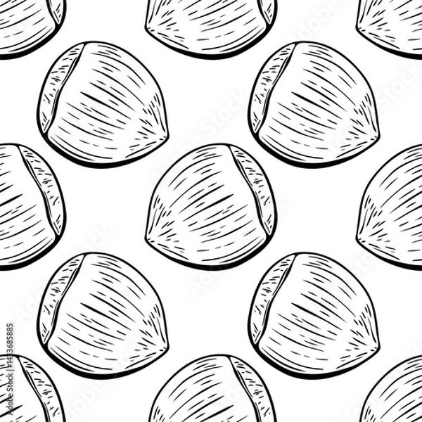 Fototapeta Seamless black and white hazelnut pattern in vector line drawing