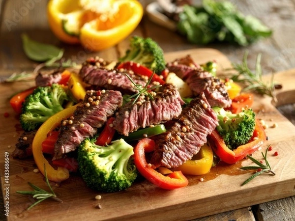 Fototapeta Delicious grilled steak served on a wooden board with colorful vegetables and garnishes in a rustic kitchen setting