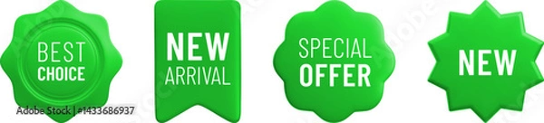 Fototapeta Vector cartoon 3d promo labels set. Special offer, Best Choice, New Arrival green badges. Realistic 3d render sale stickers. Discount tags isolated on white background. Shopping banner template.
